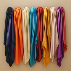 Draped fabric swatches in various colors showcase rich textures and luxurious sheen