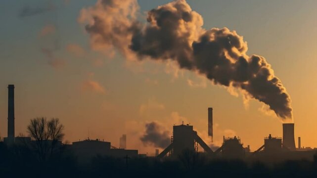 Industrial pollution emitting smoke against a sunset background  