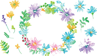 水彩画。水彩タッチのカラフルな春の花びらフレーム。色鮮やかな花のベクターイラスト。Watercolor. Colorful spring petals frame with watercolor touch. Vector illustration of colorful flowers.