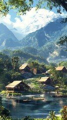 Fototapeta premium Mountain village by water with lush greenery and blue sky