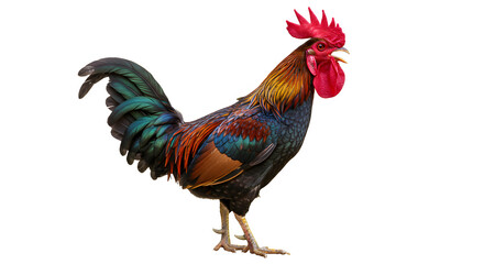 Fototapeta premium Majestic Rooster with Vibrant Plumage Against White Background