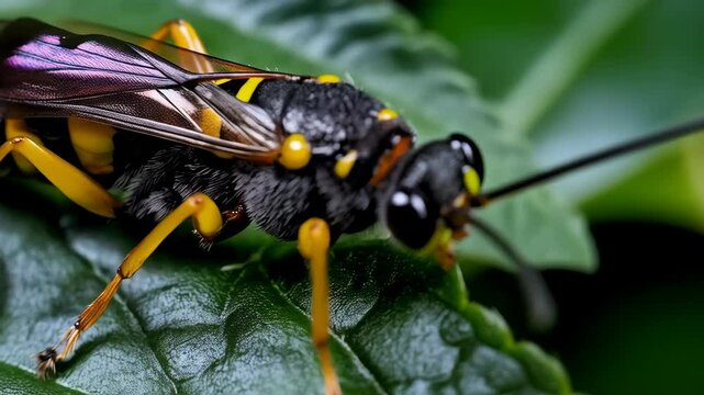 Detailed close-up of a black and yellow ichneumon wasp resting on a vivid green leaf in natural outdoor setting, showcasing intricate details.