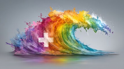 Obraz premium Rainbow Wave Crashing Swiss Cross with vibrant colors.