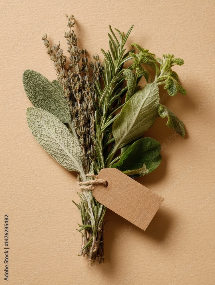 Poster herb bundle tied with twine and labeled on a beige backdrop showcasing various fresh herbs