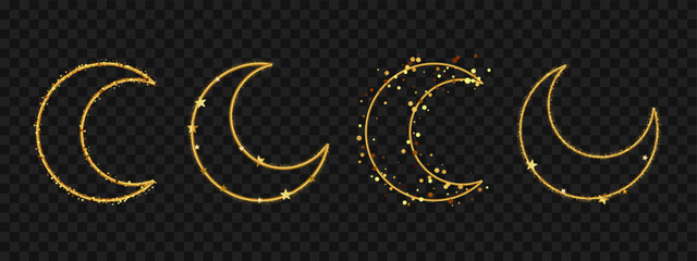 Set of 4 crescent moon illustrations with gold glitter and star details. Vector design with decorative sparkle elements on dark transparent background.