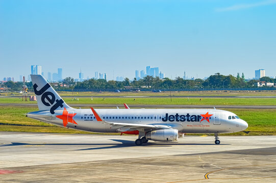 An Airbus A320 aircraft belonging to Jetstar airline is heading towards the runway via the taxi way at Juanda International Airport, Surabaya, Indonesia, 29 July 2023.
