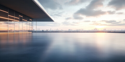 Fototapeta premium Concrete floor or slab, empty space or area at outdoor. Include modern building exterior of showroom, shop or store. Background design with sky, urban city for display auto car, automobile, automotive