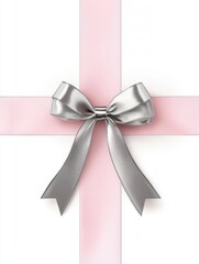 Elegant Ribbon Gift Wrap Still Life Overhead Shot Featuring Pink Ribbon and Silver Bow on White Background