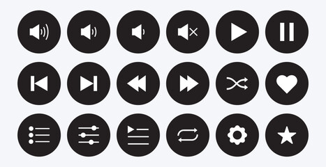 Collection of audio player control button sign design. Flat style audio player control button symbol. Play, pause, stop, repeat, back and next button icon flat design. Set of Media player icons