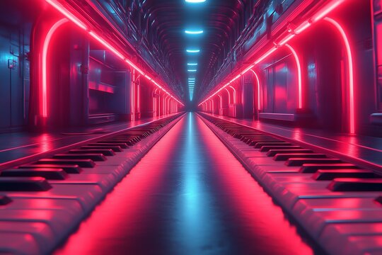 A futuristic glowing tunnel adorned with piano keys and neon lights