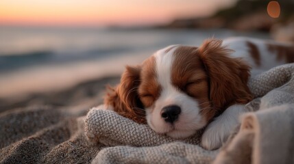 a cavalier king charles spaniel pup sleeping on a blanket on the beach
