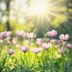 Fototapeta premium Pink cosmos flowers blooming in a field with sunlight shining through trees, low angle view, dreamy atmosphere, springtime