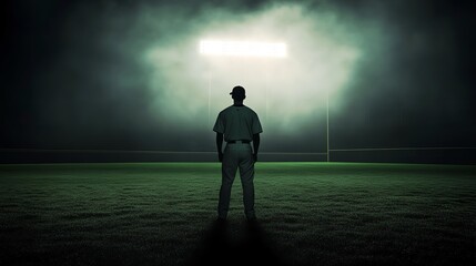 A lone player stands illuminated by stadium lights.
