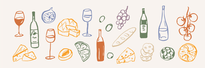 Hand drawn wine party elements