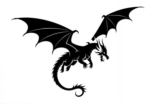 Silhouette of a two-headed dragon in flight, wings spread wide against a white background; concept for fantasy art, logo design, tattoo, or mythical creature illustration