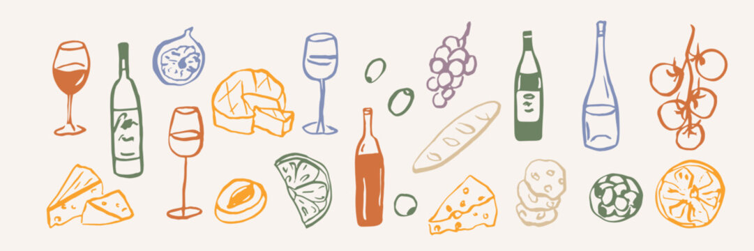 Hand drawn wine party elements