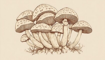 Contemporary mushroom line art in warm chestnut tones, simple aesthetic