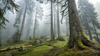 Naklejka premium Misty Forest of Towering Trees with Lush Green Moss and Ground Cover