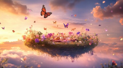 Obraz premium Serene Floating Island with Colorful Butterflies and Blossoming Flowers