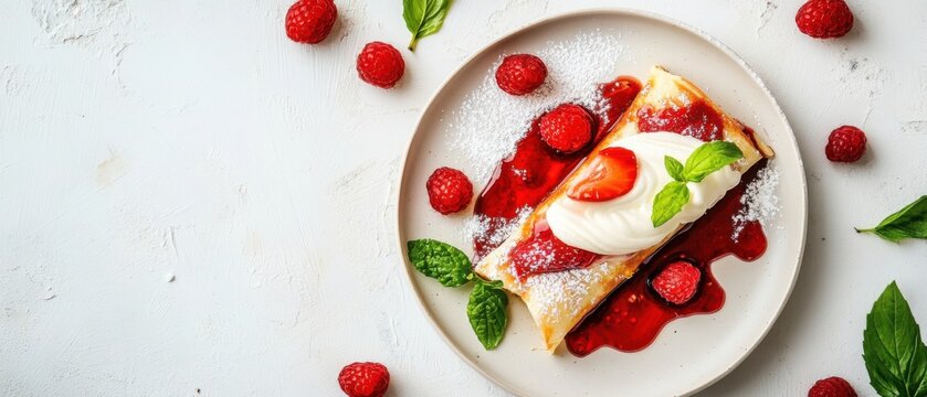 Delicious crepe presentation with fresh raspberries strawberry whipped cream and mint leaves on plate overhead shot food photography - Powered by Adobe