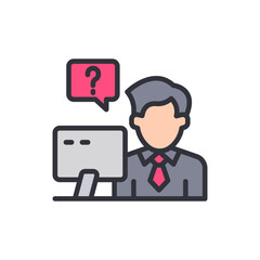 Confused Businessman With Question Mark At Computer In Office Illustration