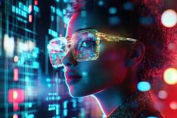 A futuristic woman gazes at vibrant digital data.