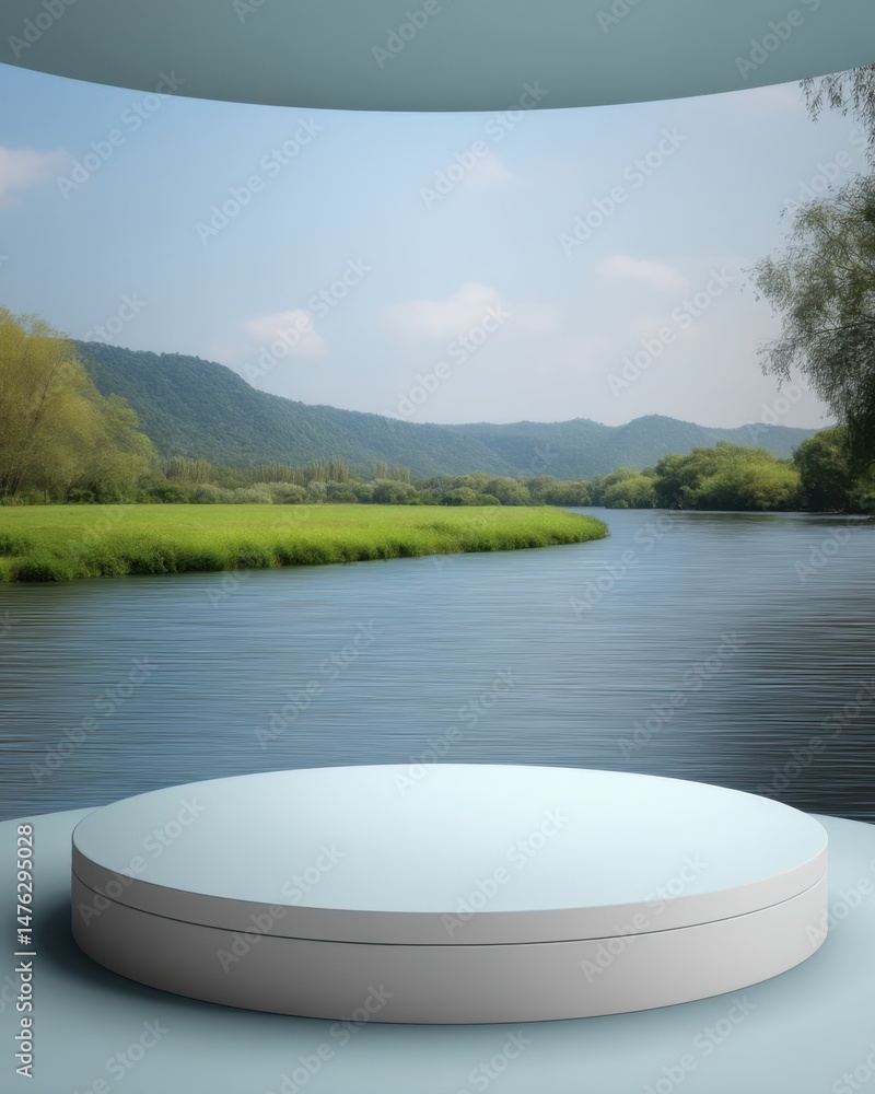 Poster minimalist product display podium against tranquil river landscape backdrop in soft light studio set