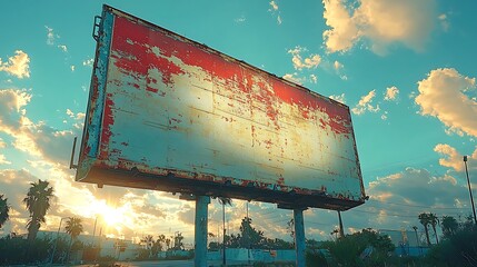 Weathered billboard under a pastel sky
