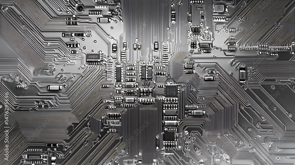 Poster high tech circuit board background in metallic tones close up electronic detail for tech visuals ove