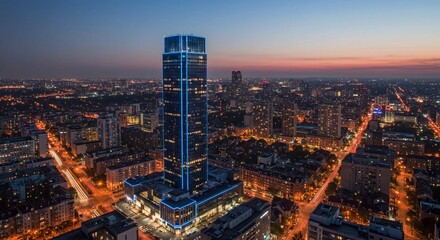 Showcasing urban development, the tall skyscraper illuminated in blue commands attention in the extensive cityscape under a colorful twilight sky