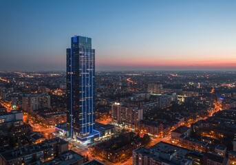 Captured at twilight, the prominent skyscraper with its clean lines and blue lighting stands out amidst the vast network of city lights