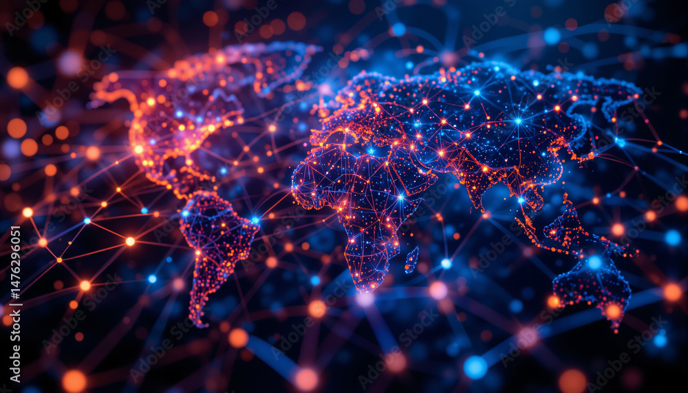 Poster the image shows a digital world map with connected lines and dots on a dark blue background