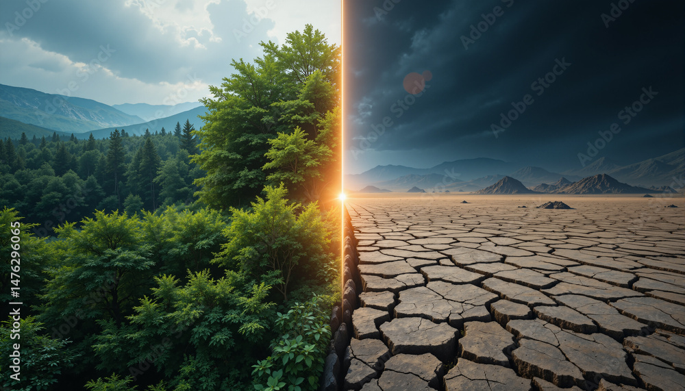 Poster the image shows a desert landscape with trees on the left side and mountains in the background. the 