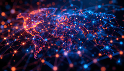 The image shows a digital world map with connected lines and dots on a dark blue background