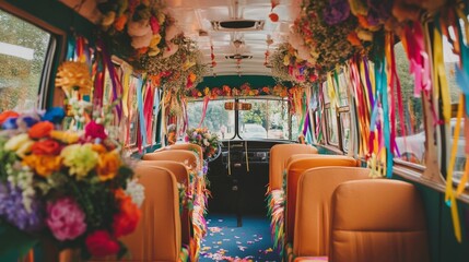 Obraz premium Vibrant Floral Decorated Wedding Bus