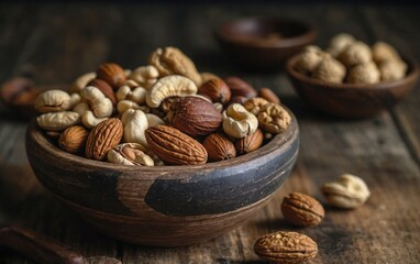 Close up of assorted nuts in rustic bowl, almonds, walnuts and cashews, on wooden table with natural and organic feel


