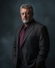 Obraz premium Portrait of a serious mature businessman in suit with hands in pockets looking at camera studio shot against dark background