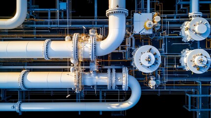overhead drone shot of entire gas processing plant, displaying spatial layout of pipes, units, tanks, and support structures, taken under soft ambient daylight, ideal for industrial documentation