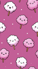 Cute kawaii cotton candy pattern with happy smiling faces on pink background, creating playful and joyful seamless design for fun textile or wallpaper
