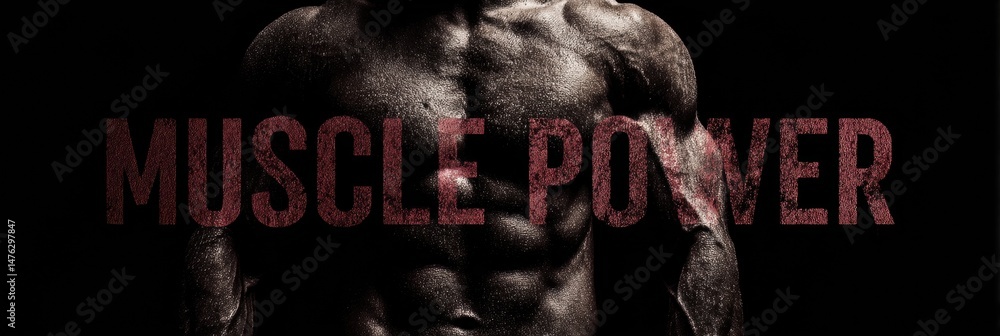 Poster muscle power display over defined abs in dark setting highlighting strength and determination during
