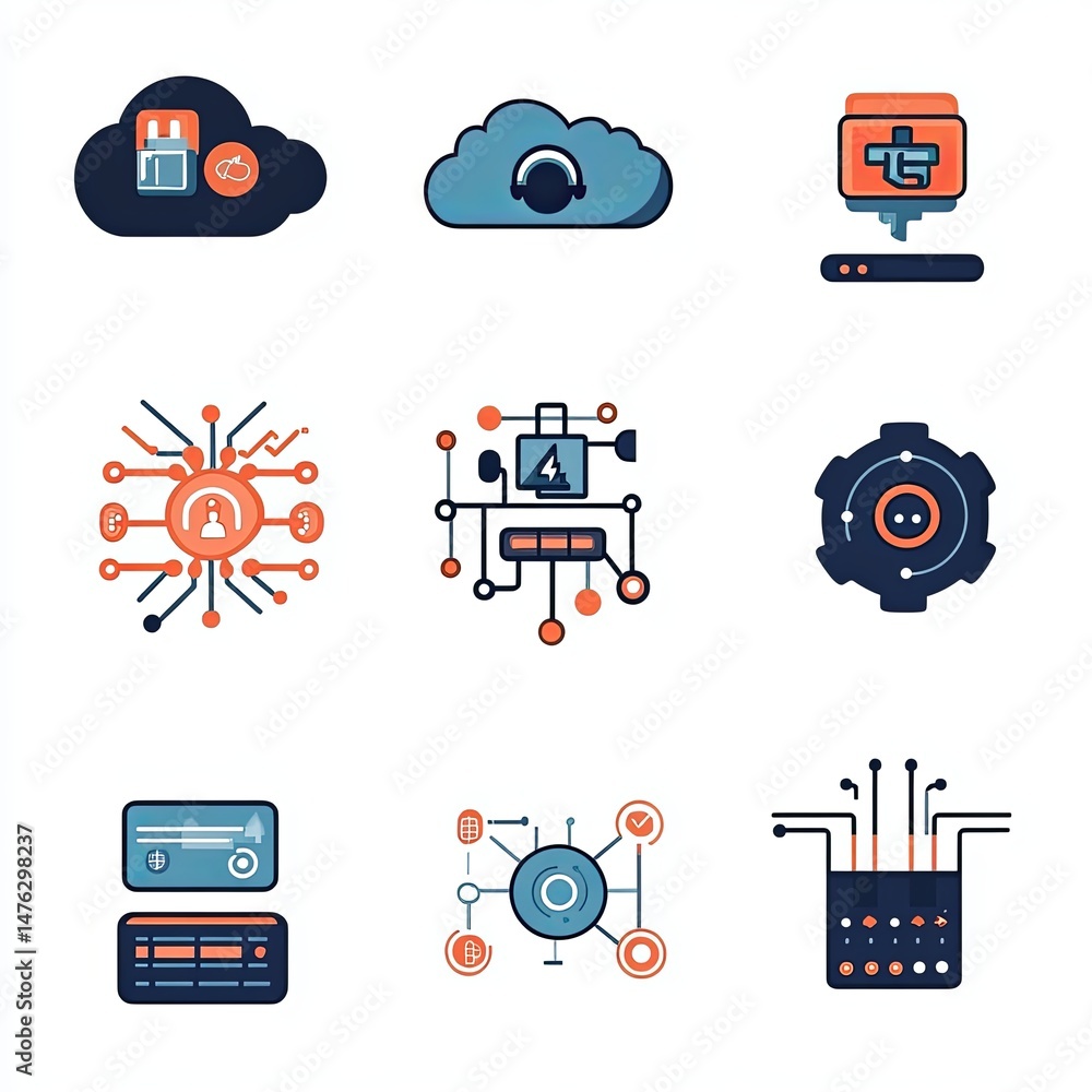 Poster pixelated technology icons set featuring cloud ai and blockchain on white background in retro pixel 