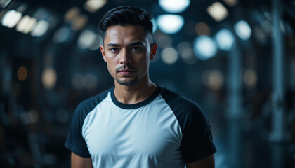 Fototapeta premium Serious Man in Training Apparel Posing Against Dark Bokeh Background