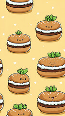 Cute kawaii burger pattern with smiling faces and green lettuce on light yellow background with small white hearts, creating playful and cheerful seamless design