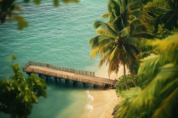 Fototapeta premium Wooden pier extending into turquoise water surrounded by palm trees and beach