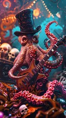 Obraz premium An octopus in a top hat and monocle strums an electric guitar, surrounded by blurred clowns in colorful costumes, in a whimsical flat design vector art scene.