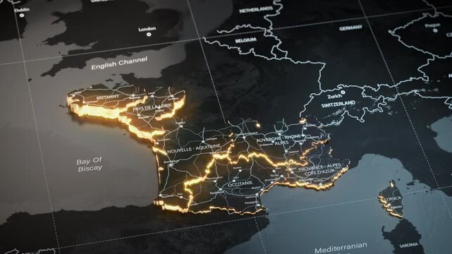 Map of France with country regions outlines.