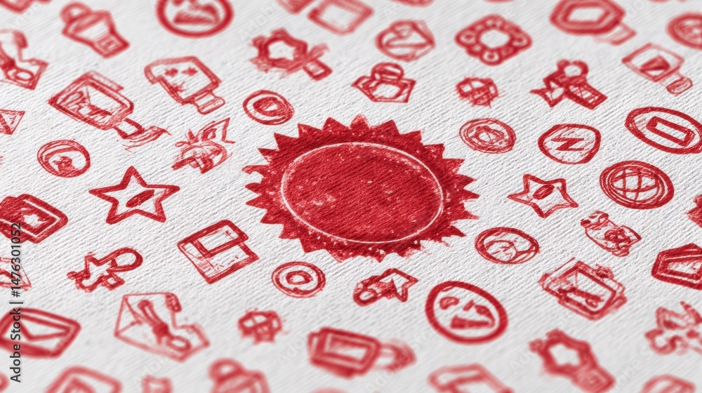 Poster seamless pattern featuring icons with red promo stamp overlay ideal for marketing and design project