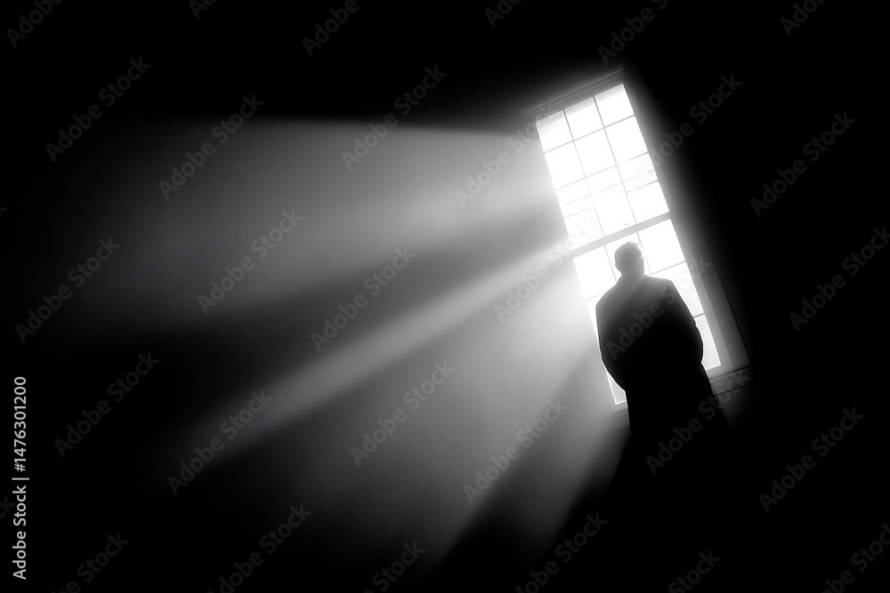 Poster a stark black and white image of a person's silhouette against a brightly lit window, emphasizing th
