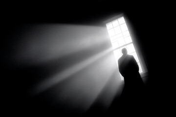 a stark black and white image of a person's silhouette against a brightly lit window, emphasizing their form and creating a sense of mystery and isolation.