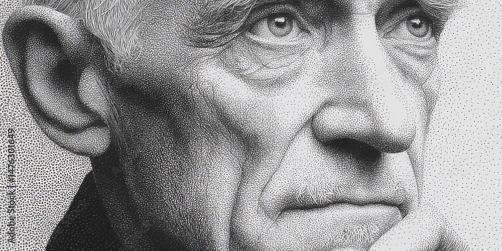 Poster a monochromatic portrait of an elderly man created with the pointillism technique, utilizing varying